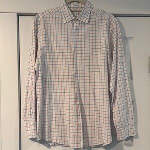 Classic Men's Checkered Button-Up Shirt - White with Pink & Blue Grid